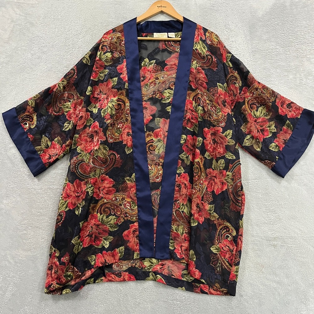 VTG Victoria's Secret Nightgown Robe Roses Boho Satin Gold‎ Label Kimono Pockets